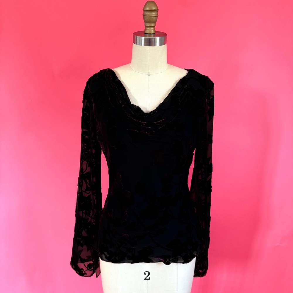 Vintage 90s/Y2K Ethereal Velvet Silk Blend Cowl Neck Burn Fairy Sleeve Blouse